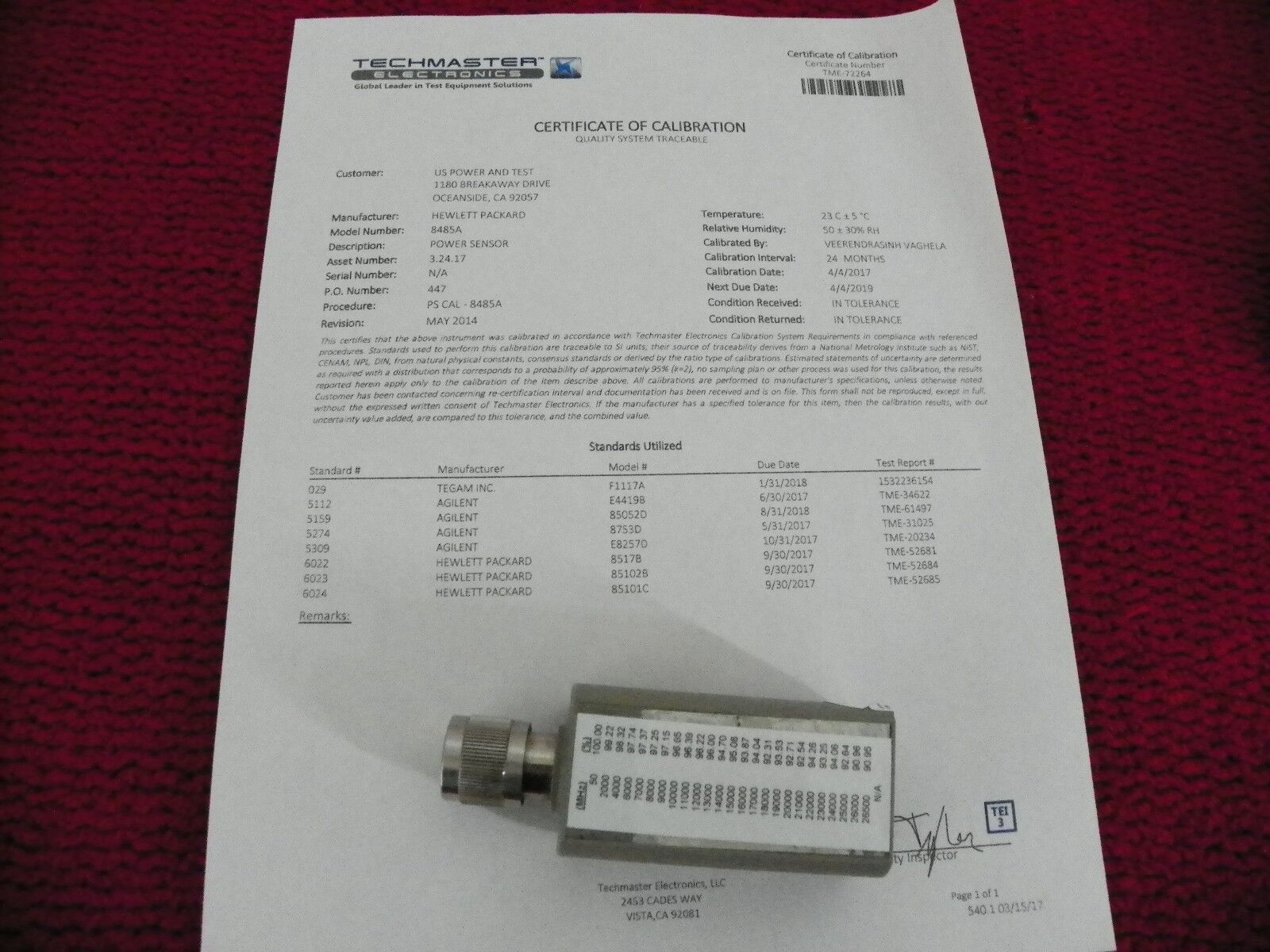 Agilent / HP 8485A 50MHz - 26.5GHz RF Pwr Sensor (-30 to 20 dBm) 2 YR NIST 04/17 Agilent / HP 8485A 50MHz - 26.5GHz RF Pwr Sensor (-30 to 20 dBm) 2 YR NIST 04/17